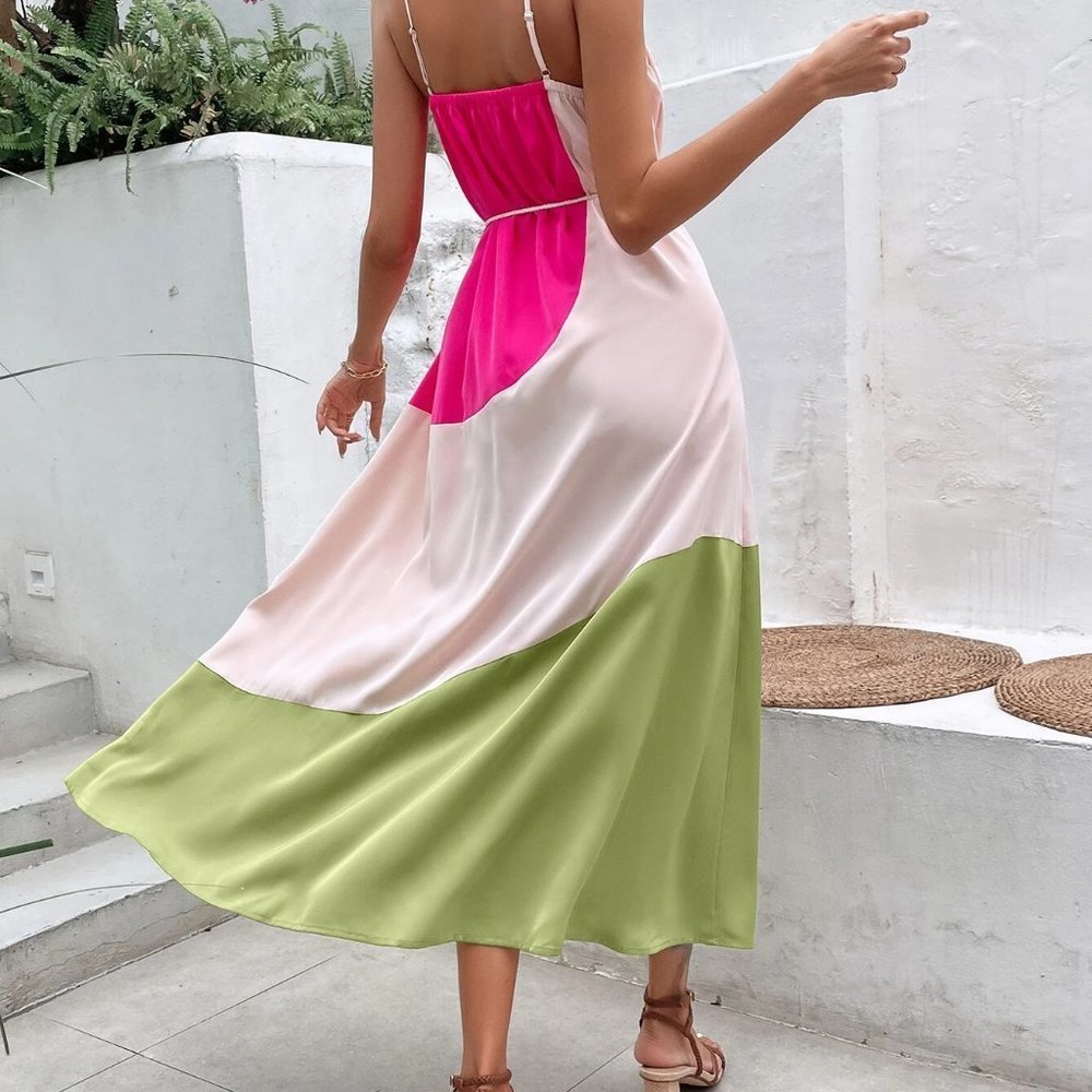 Multicolor Boho Womens Colorblock Tassel Belted Cami Dress - Picture 4 of 5